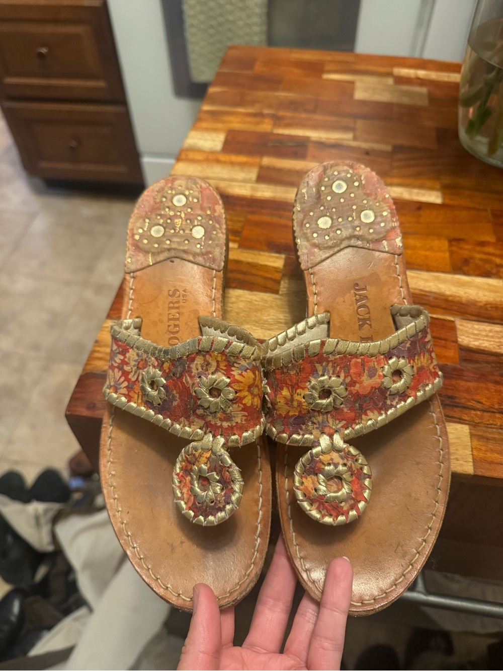 Jack Rogers Tan Leather Floral Embroidered Thong Sandals